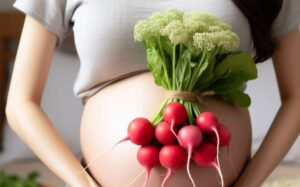 a pregnant woman holding a bunch of radishes showcasing the benefits of eating radish while pregnant