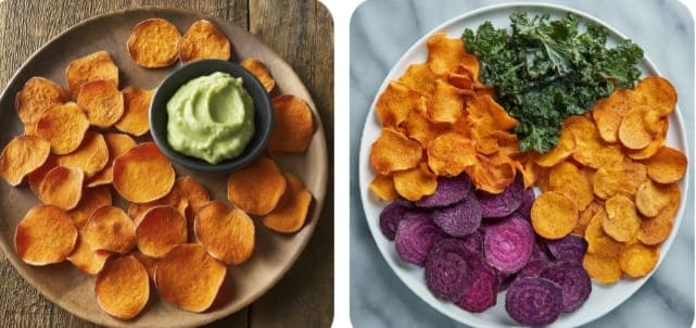 TWO PLATE SERVING OF SWEET POTATO CHIPS SHOWCASING ITS MANY BENEFITS