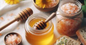 a jar of honey and a jar of Himalayan salt which are rich in many benefits