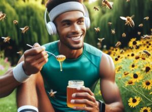 a running taking a spoonful of honey to show the Benefits of Honey Before Running