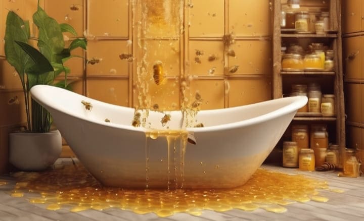 a bath tub filled with warm water and honey representing honey bath and it benefits